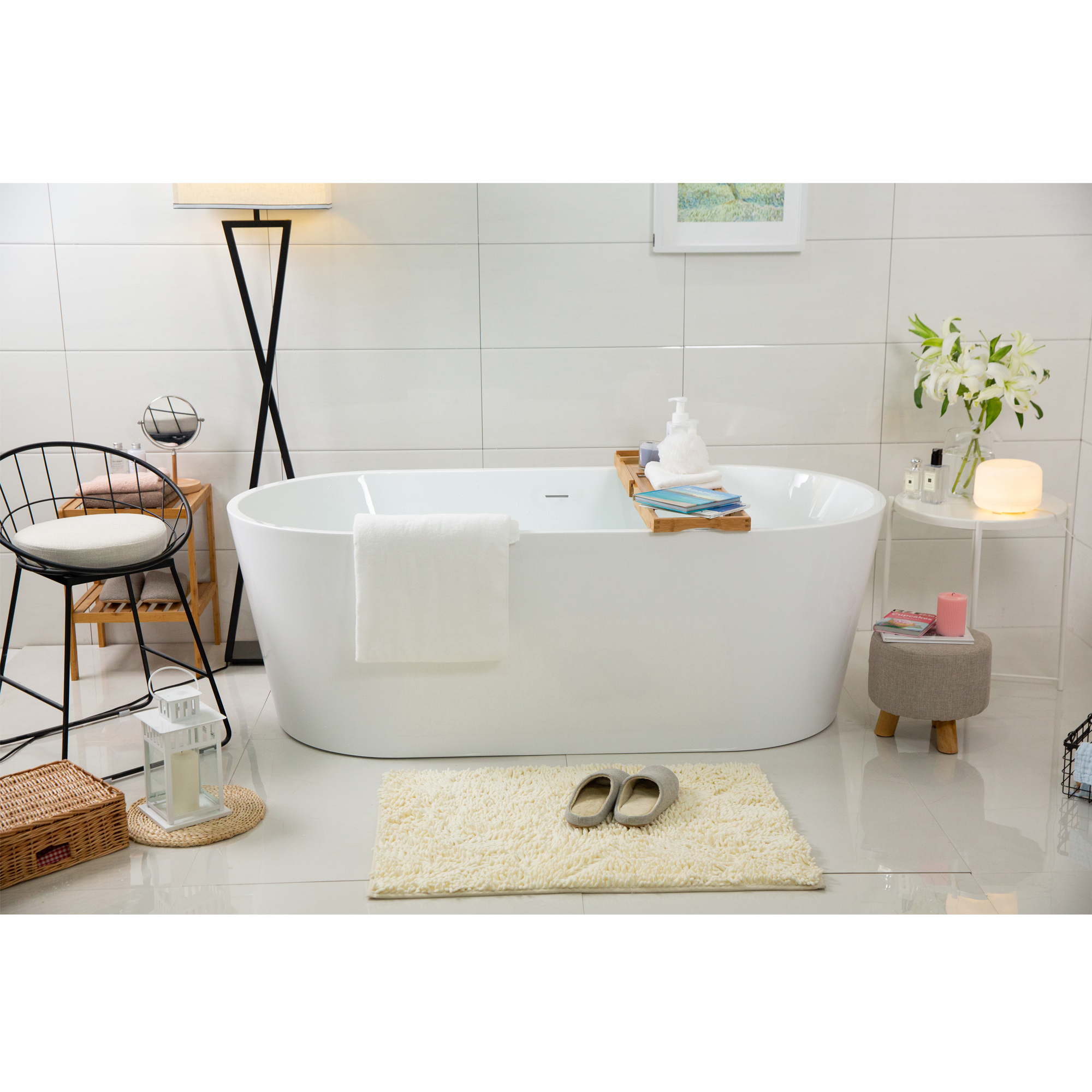 Polished Chrome Drain and Overflow 67 Acrylic Freestanding Soaking Bathtub Glossy White PULSE Showerspas PT-1003-CH