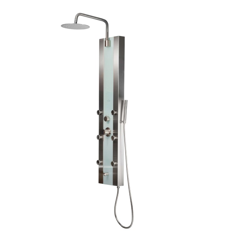 6 Body Spray Jets and Hand Shower White Glass with Brushed Nickel Fixtures 2.5 GPM PULSE ShowerSpas 1039W-BN Tropicana ShowerSpa Panel with 10 Rain Showerhead 6 Body Spray Jets and Hand Shower White Glass with Brushed Nickel Fixtures 2.5 GPM PULSE ShowerSpas 1039W-BN Tropicana ShowerSpa Panel with 10 Rain Showerhead