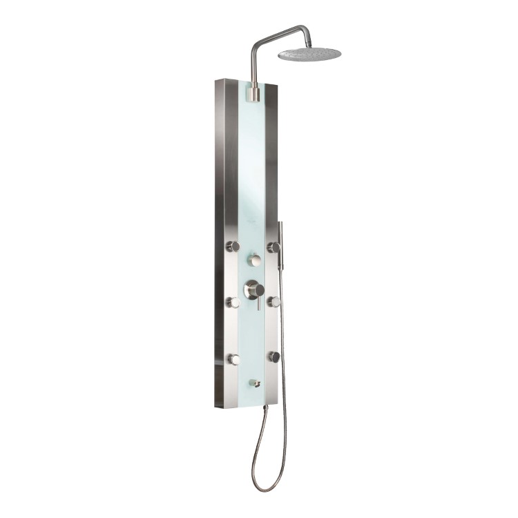 6 Body Spray Jets and Hand Shower White Glass with Brushed Nickel Fixtures 2.5 GPM PULSE ShowerSpas 1039W-BN Tropicana ShowerSpa Panel with 10 Rain Showerhead 6 Body Spray Jets and Hand Shower White Glass with Brushed Nickel Fixtures 2.5 GPM PULSE ShowerSpas 1039W-BN Tropicana ShowerSpa Panel with 10 Rain Showerhead